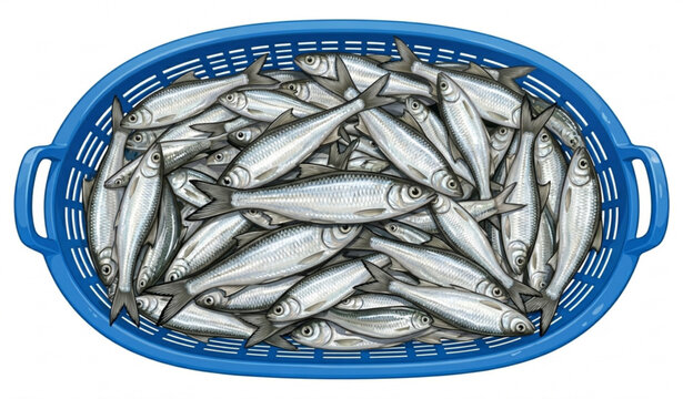 Freshly Caught Silver Rasbora Fish in Blue Basket Top View Vector Illustration