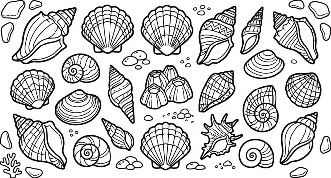 Seashells Line Art Collection with Marine Life Elements