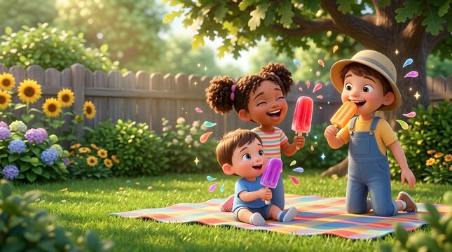 Happy diverse children enjoying colorful popsicles on a picnic blanket in a sunny garden during summer vacation