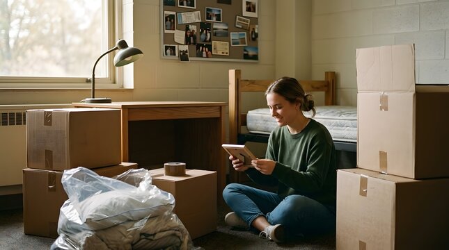 Happy young woman unpacking her belongings in a university dormitory room during move-in day with cardboard boxes and personal items.