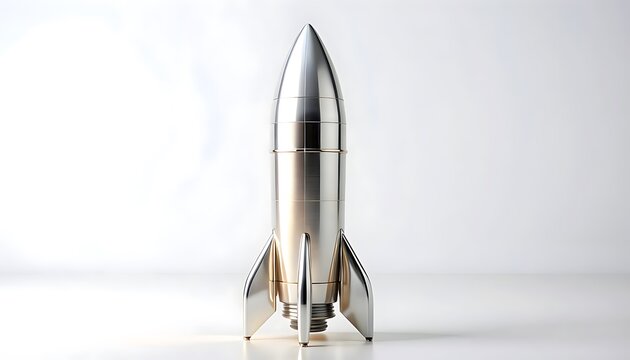 A shiny silver rocket model stands upright on a white surface indoors.