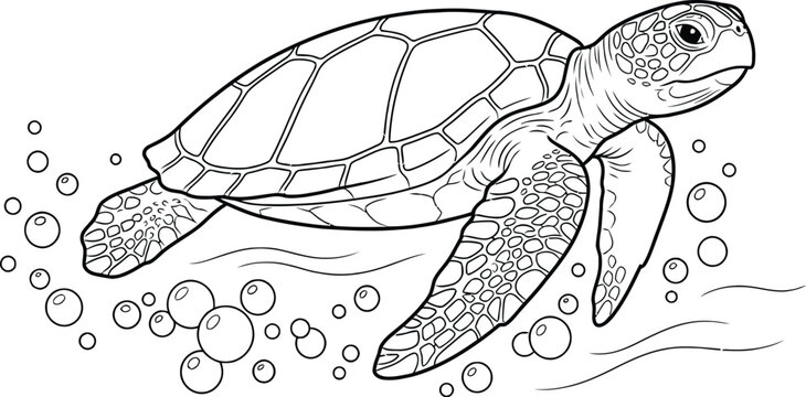 Swimming Sea Turtle Outline with Bubbles