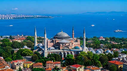 Fototapeta premium Aerial panoramic view of historic mosque with domes and minarets by blue sea coastline in sunny day