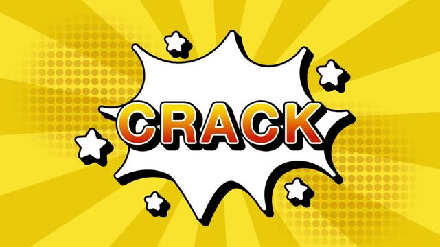 Crack text word lettering popup comic cartoon reveal with bomb and smoke explosion manga anime book page dots with radial speed lines doodle yellow background with seamless loop animation retro