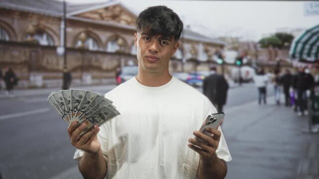 Young hispanic man holding smartphone and fanning dollars with bare hand on a crowded city street; confident prosperity.