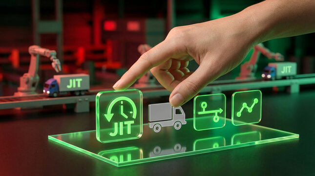 Industrial 4.0 concept showing a hand interacting with JIT manufacturing icons in a high-tech warehouse with robotic automation and logistics.