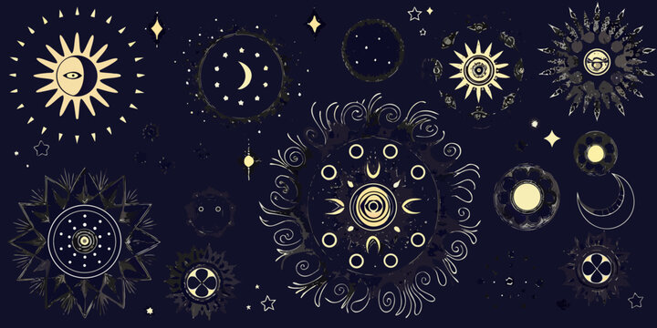Celestial Symbols And Lunar Phases Decorative Vector Illustration