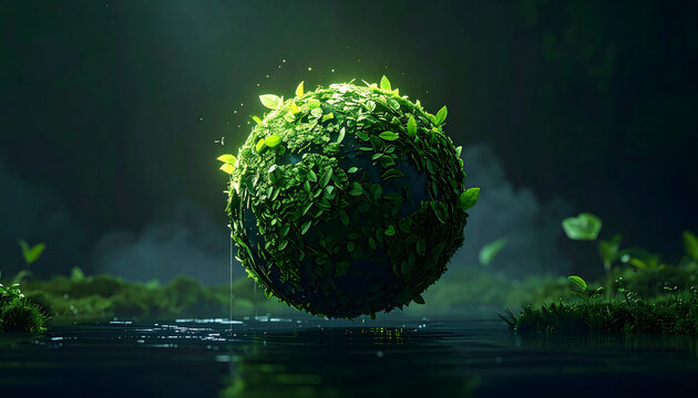 Magical glowing green mossy earth sphere hovering in a dark natural environment