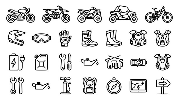 Motorcycle Dirt Bike ATV and Electric Bike Thin Line Icons Vector Set
