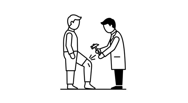 Doctor examining patient's knee reflex with a reflex hammer, medical checkup icon