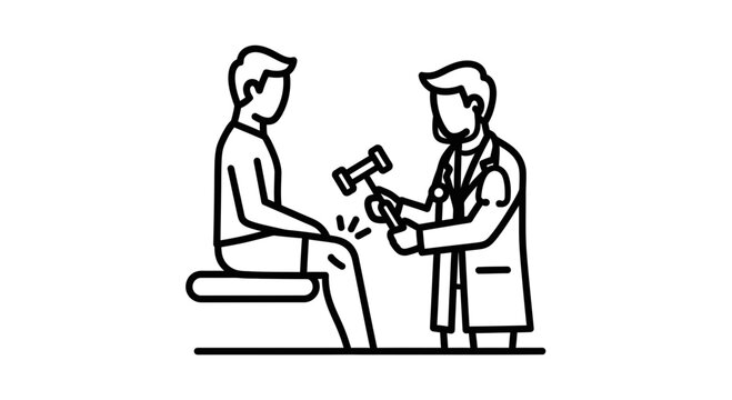 Doctor examining patient's knee reflex with reflex hammer, medical checkup icon
