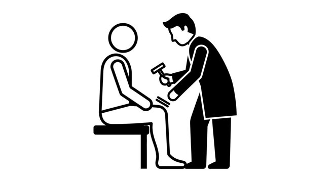 Doctor examining patient's knee reflex with reflex hammer, medical checkup icon