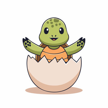 Cute cartoon baby turtle hatching from egg