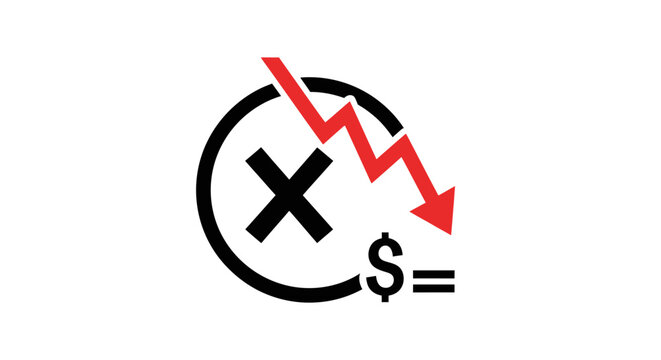 Symbol of financial downturn with red arrow and dollar sign isolated on white