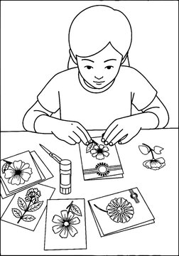 Young child creating intricate string art designs carefully.