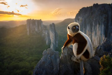 Naklejka premium Lemur sitting on a cliff edge.