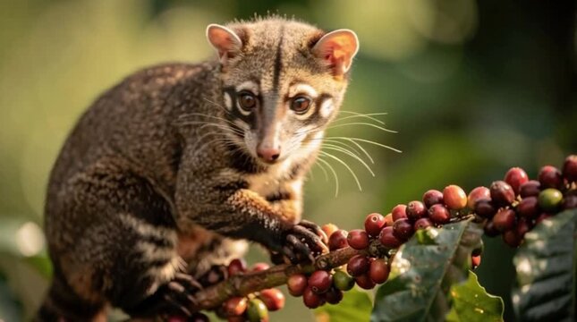 Close-up Asian palm civet resting on coffee branch, surrounded by ripe coffee cherries, natural light, clean background, realistic wildlife behavior, high detail 4K footage.