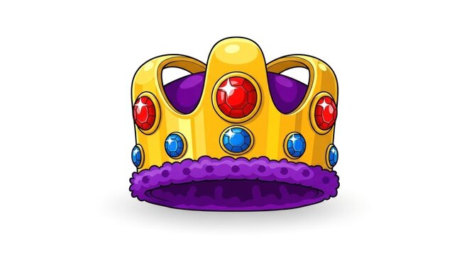 A cartoon-style gold crown with purple interior, adorned with red and blue jewels on a white background