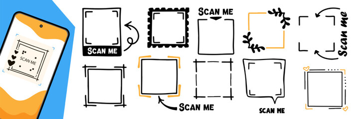 Fototapeta premium Set of hand drawn QR Scan Me stickers with playful doodle arrows, frames and labels for websites, apps and mobile access.