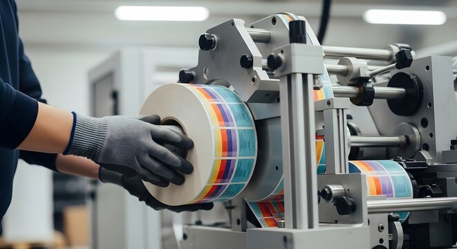 Worker Operating Industrial Label Printing Machine in a Factory