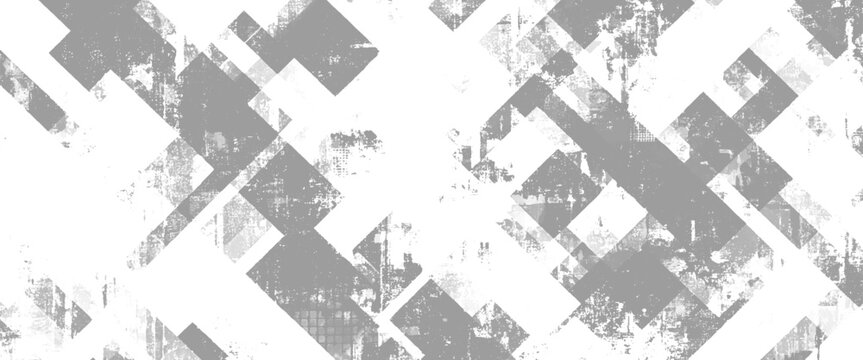 Geometric abstract pattern with distressed texture and overlapping grey and white squares and rectangles