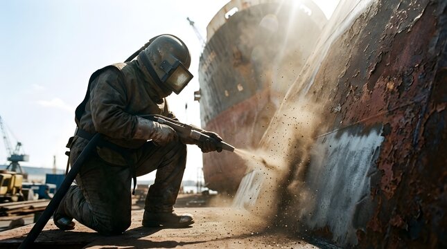 Industrial Worker Sandblasting Rusted Ship Hull at Shipyard