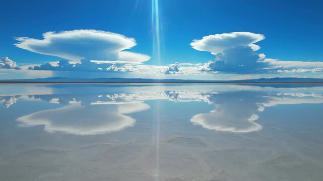 Salar de Uyuni salt flat reflection, majestic white clouds in blue sky mirrored on water surface, ethereal natural landscape in Bolivia