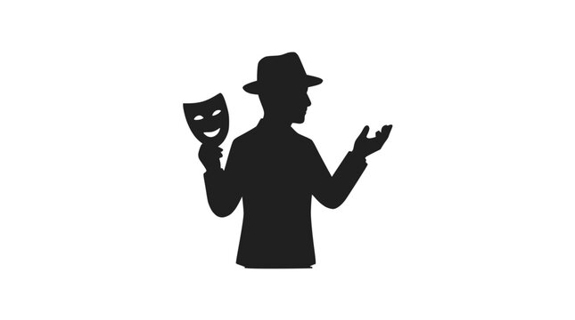 Actor silhouette holding dramatic comedy mask in hat.