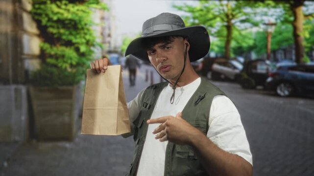 Man holding paper bag points finger at camera on tree lined street wearing hat and vest; assertive offer.
