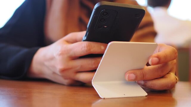 woman using smart phone to scan the QR code at cafe
