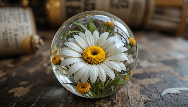 Close-up of clear glass sphere encasing realistic white daisy with bright yellow center and smaller yellow buds surrounded by green leaves resting on rustic wooden surface against softly blurred backg