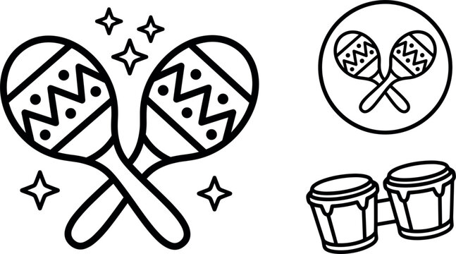 Traditional Latin Percussion Musical Instruments Vector Set Featuring Decorated Crossed Maracas Shakers Bongo Drums and Sparkles Outline Line Art Icons