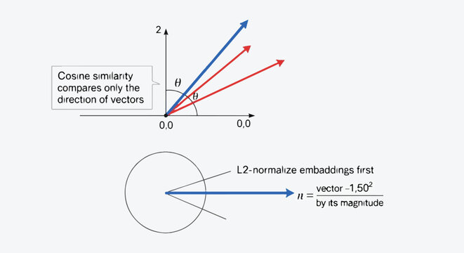 Diagram illustrating cosine similarity and l2 normalization of vectors