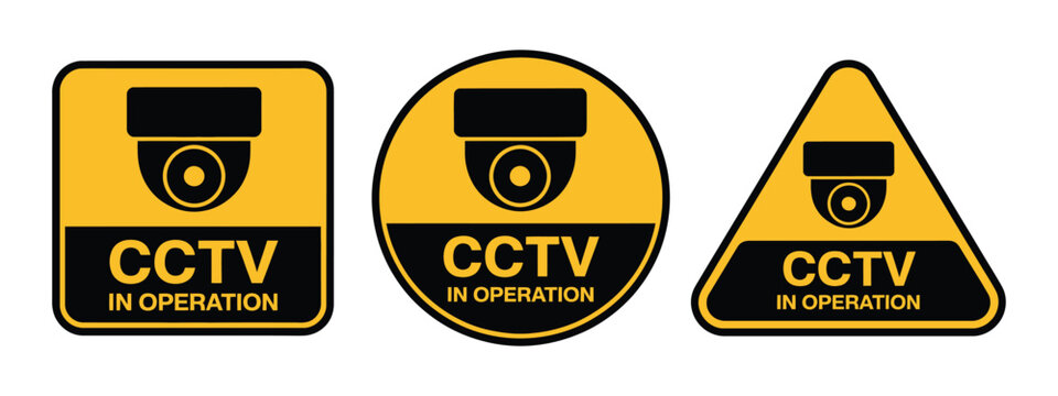 CCTV in operation signs three yellow warning labels with security camera icons, surveillance notice symbols for security alert signage, monitoring system indicators for restricted area warning display