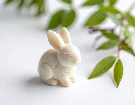 Japanese Netsuke Rabbit Figurine with Green Leaves, Traditional Craft