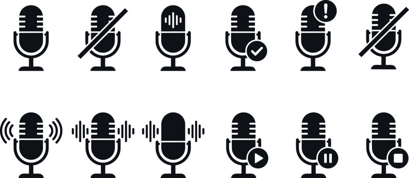 Microphone vector icon set with podcast mic symbols featuring mute record pause sound waves audio levels and checkmark alerts for interface button designs