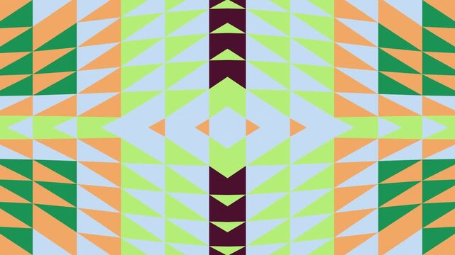 Geometric kaleidoscope pattern of triangles with light green blue orange and burgundy colors creating an abstract backdrop