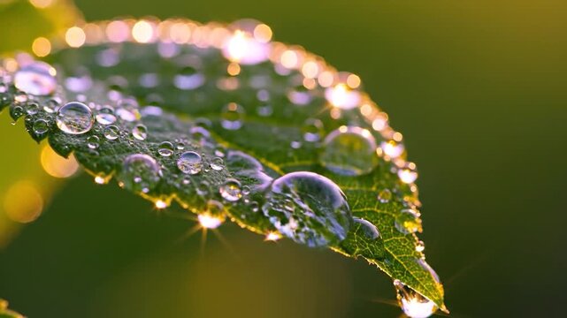 Macro shot of clear dew drops on a green leaf reflecting bright golden sunlight in a blurred garden setting