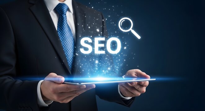 Businessman optimizing website for seo on mobile device