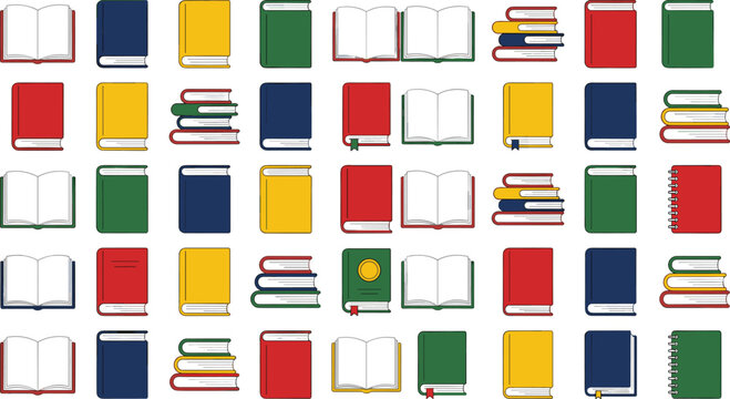 Colorful book vector mega set with open and closed hardcovers stacked textbooks spiral notebooks and literature icons for education school library reading concepts