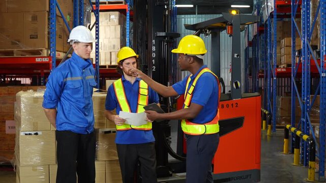 Quality control, discussion and people in warehouse with tablet, coordination and distribution. Logistics, manager and checklist in storage facility with delivery, export or shipping in supply chain
