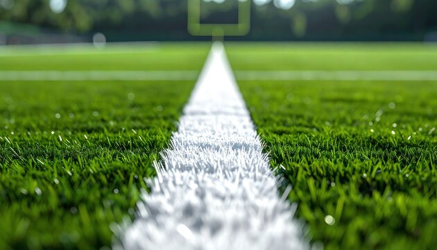 Fresh green field white line, focus on crisp turf, vibrant sports atmosphere, outdoor arena, sunny day, ready for action and excitement.