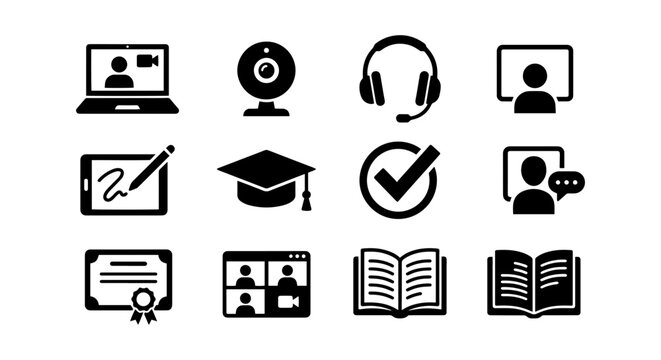 Online education icon set, solid black, white background, vector illustration