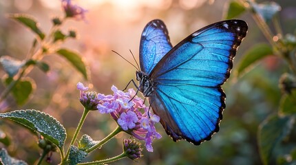Blue butterfly resting on purple flowers in nature © Kabir 2.0