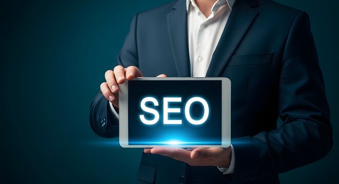 Seo optimization concept businessman presenting digital tablet with seo text