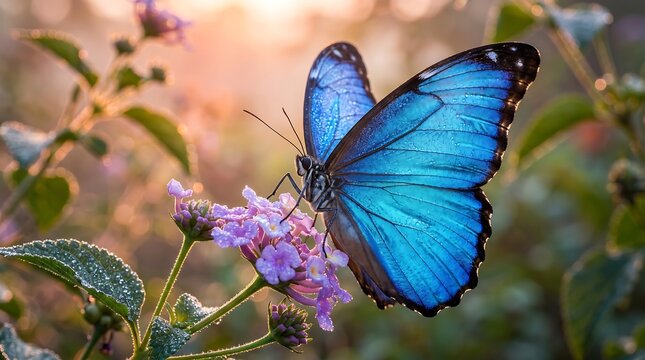 Blue butterfly resting on purple flowers in nature
