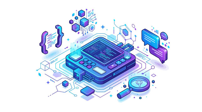 Isometric software development and digital technology concept with neon hardware