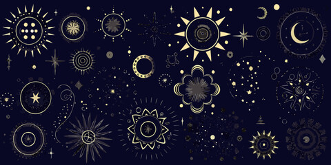 Celestial symbols and starbursts decorative vector illustration on dark background © Sukla