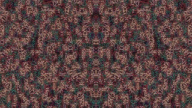 Intricate symmetrical pattern of interconnected lines in earth tones creating a complex maze-like design suitable for backgrounds and textures