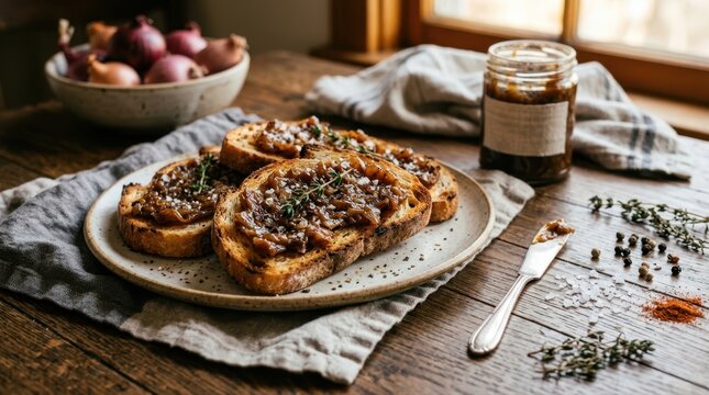 Gourmet onion jam spread on toasted artisan bread with fresh thyme garnish
